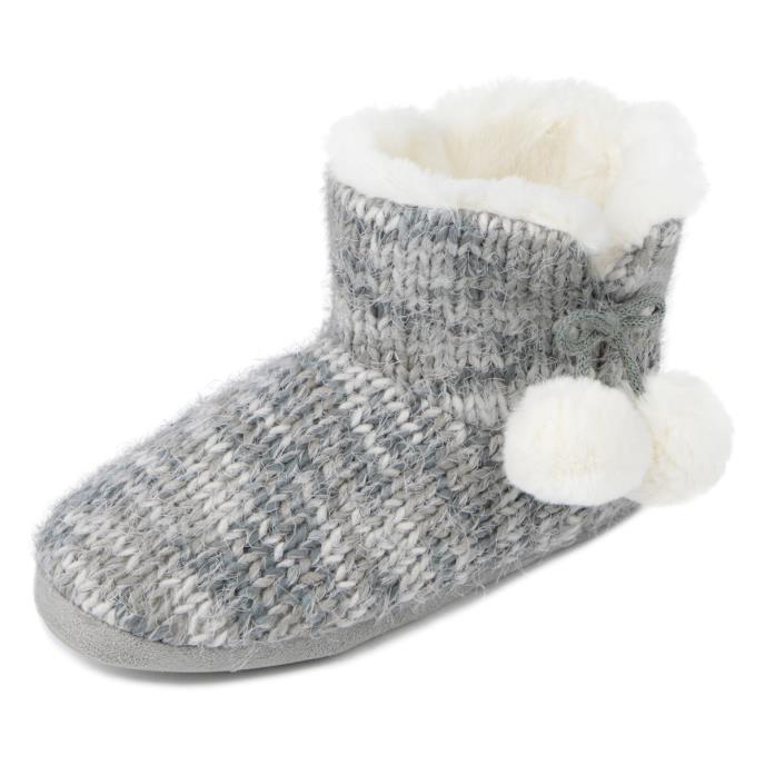 totes Ladies Knitted Boot Slippers With Pom Pom Grey Extra Image 3